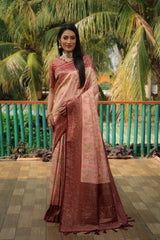 Fantastic Kanjivaram Silk Peach Color With Maroon Border Saree