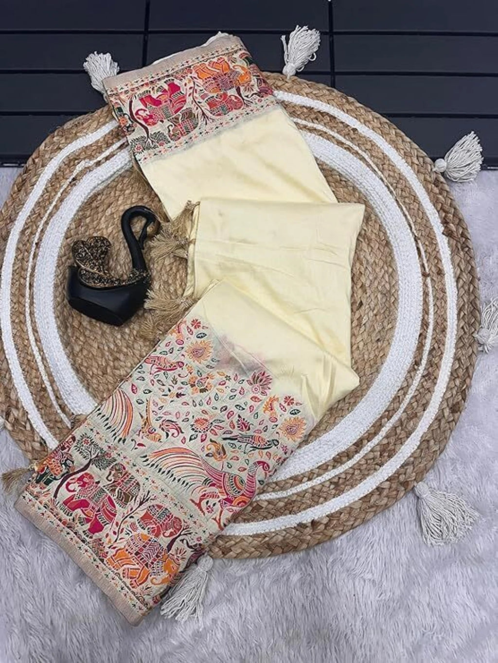 Beige Pashmina Saree With Embrocation Blouse Piece