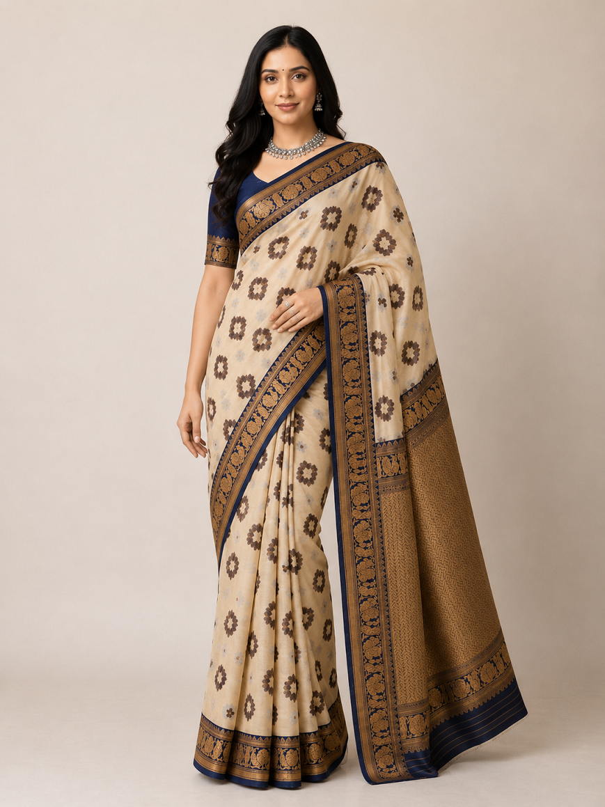 Soft Linen Cotton Saree with Golden Zari Border Main image