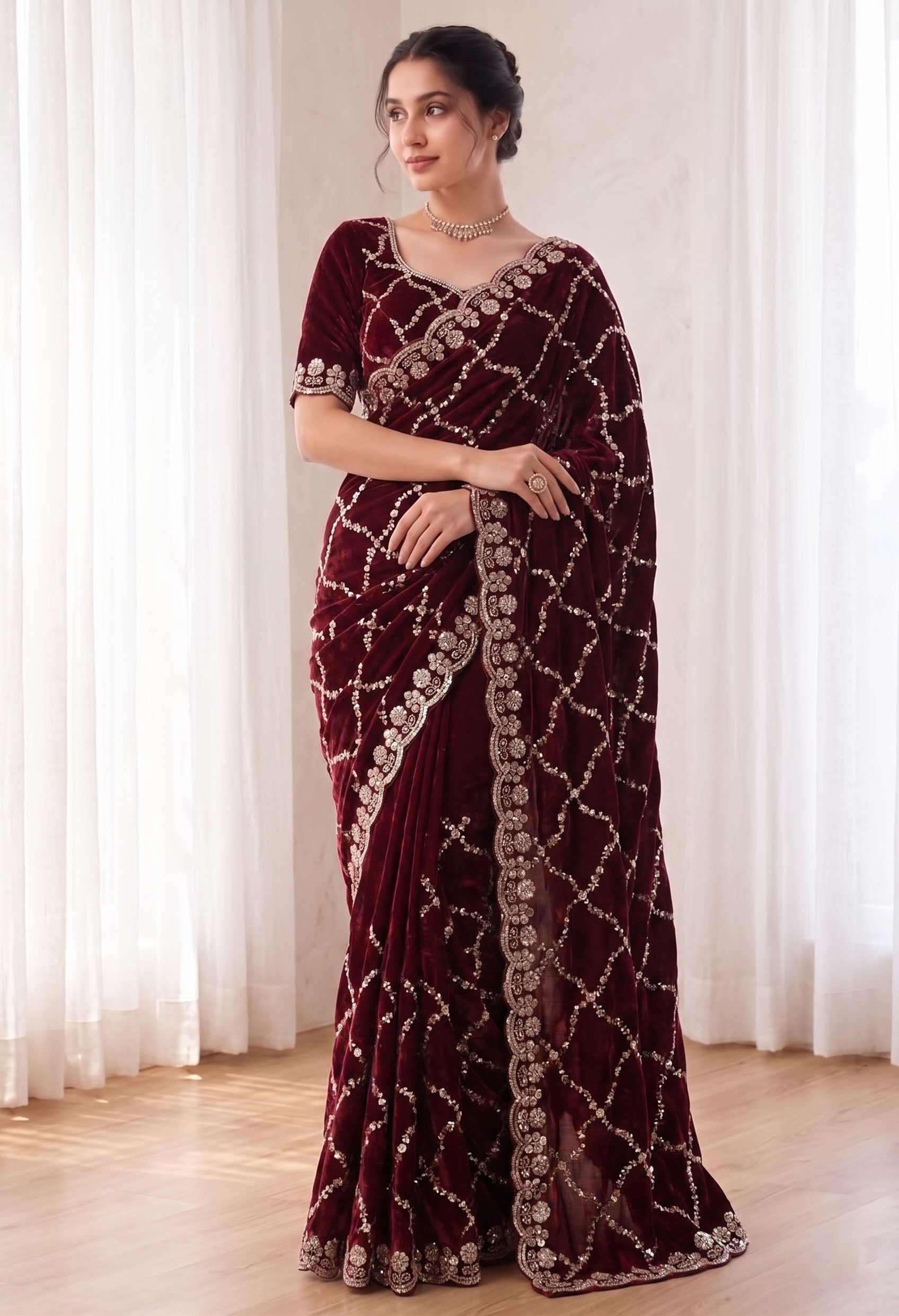 Fandy Satin Silk Saree with Rose Gold Beads Work