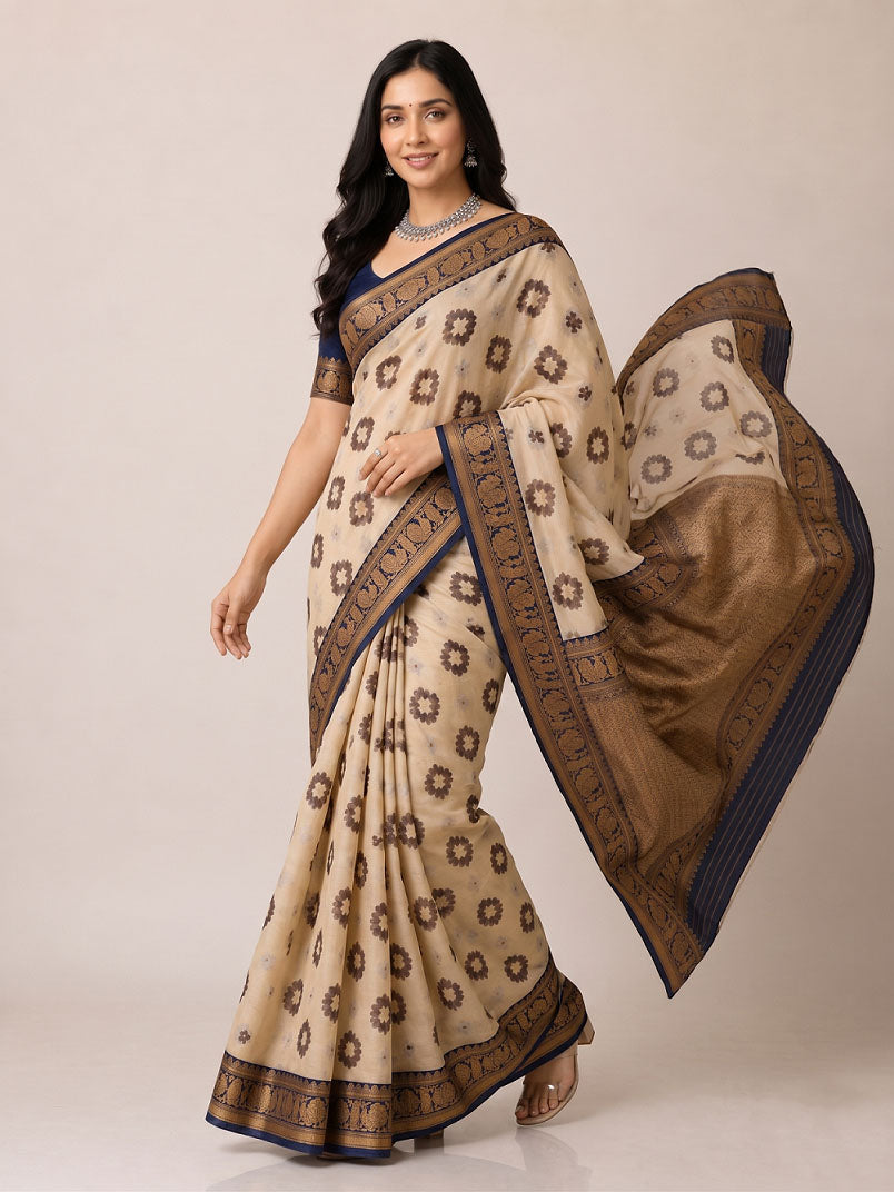 Soft Linen Cotton Saree with Golden Zari Border Secondary image