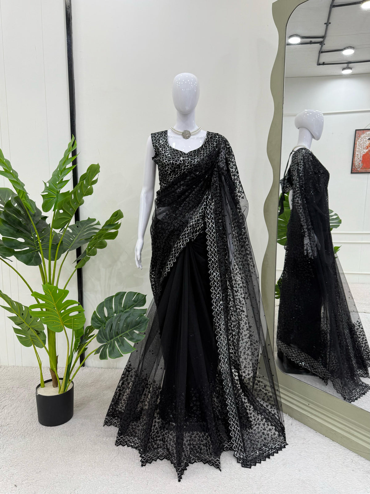 Glimmering Soft Net Black Color Saree