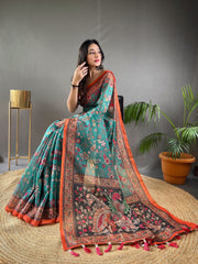 Preferable Cotton Kalamkari Prints Sky Blue Color Saree