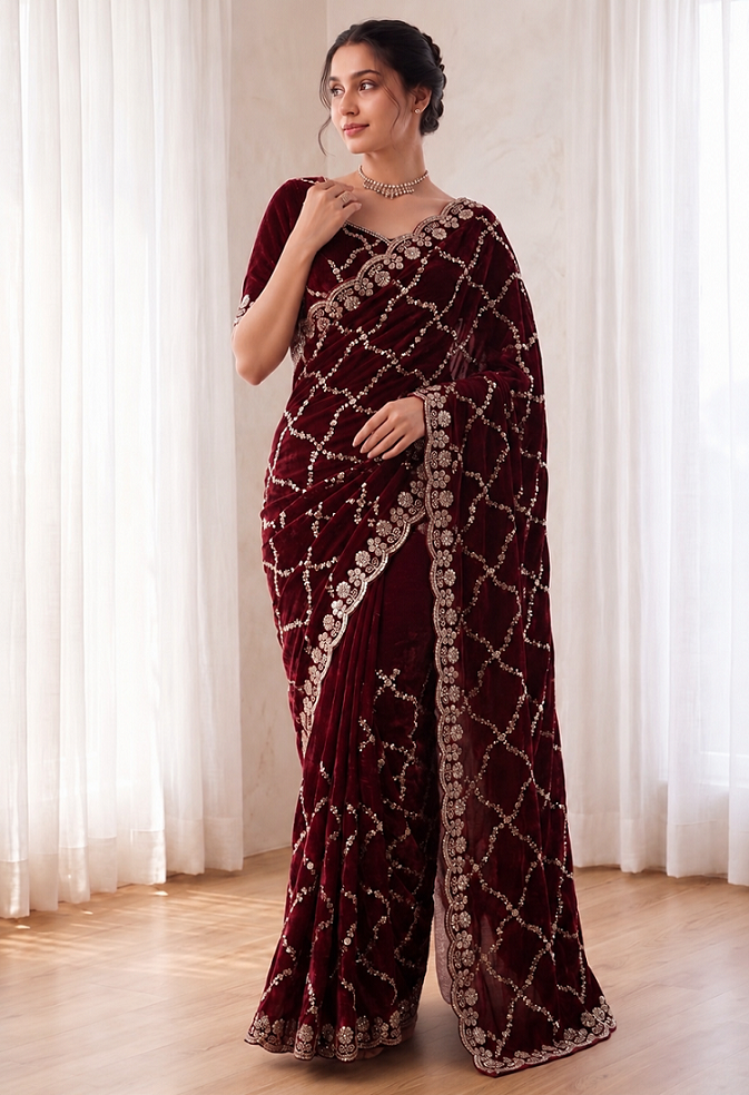 Fandy Satin Silk Saree with Rose Gold Beads Work