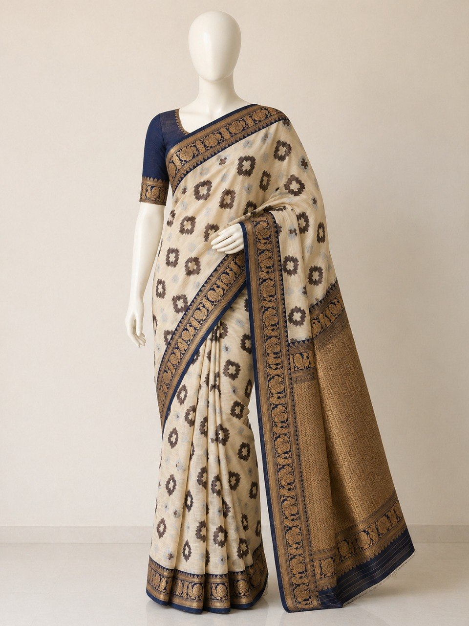 Soft Linen Cotton Saree with Golden Zari Border