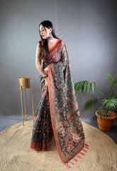 Preferable Cotton Kalamkari Prints Green Color Saree