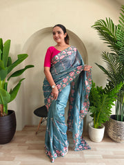 Awesome Embroidery Work Teal Blue Color Saree