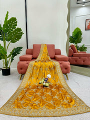 Beautiful Satin Silk Yellow Color Saree