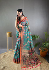 Preferable Cotton Kalamkari Prints Sky Blue Color Saree