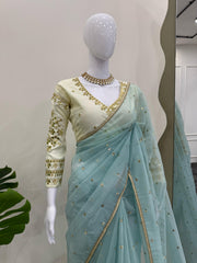 Marriage Special Twill Net Sky Blue Color Saree