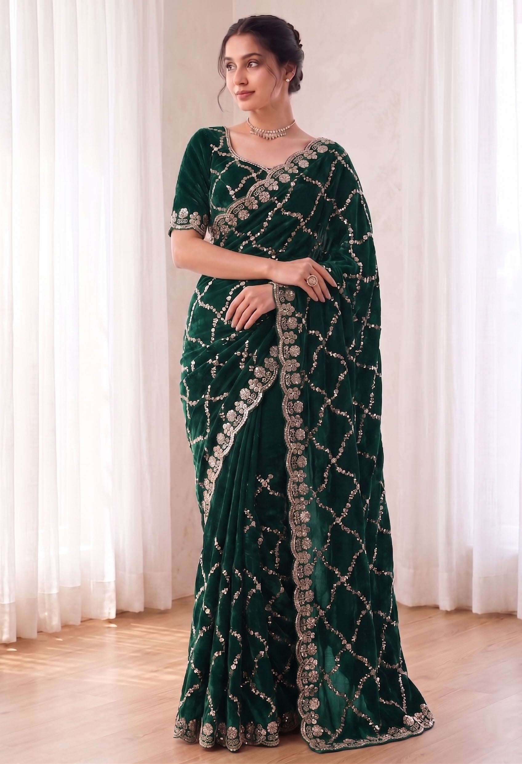 Fandy Satin Silk Saree with Rose Gold Beads Work