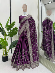 Beautiful Satin Silk Wine Color Saree