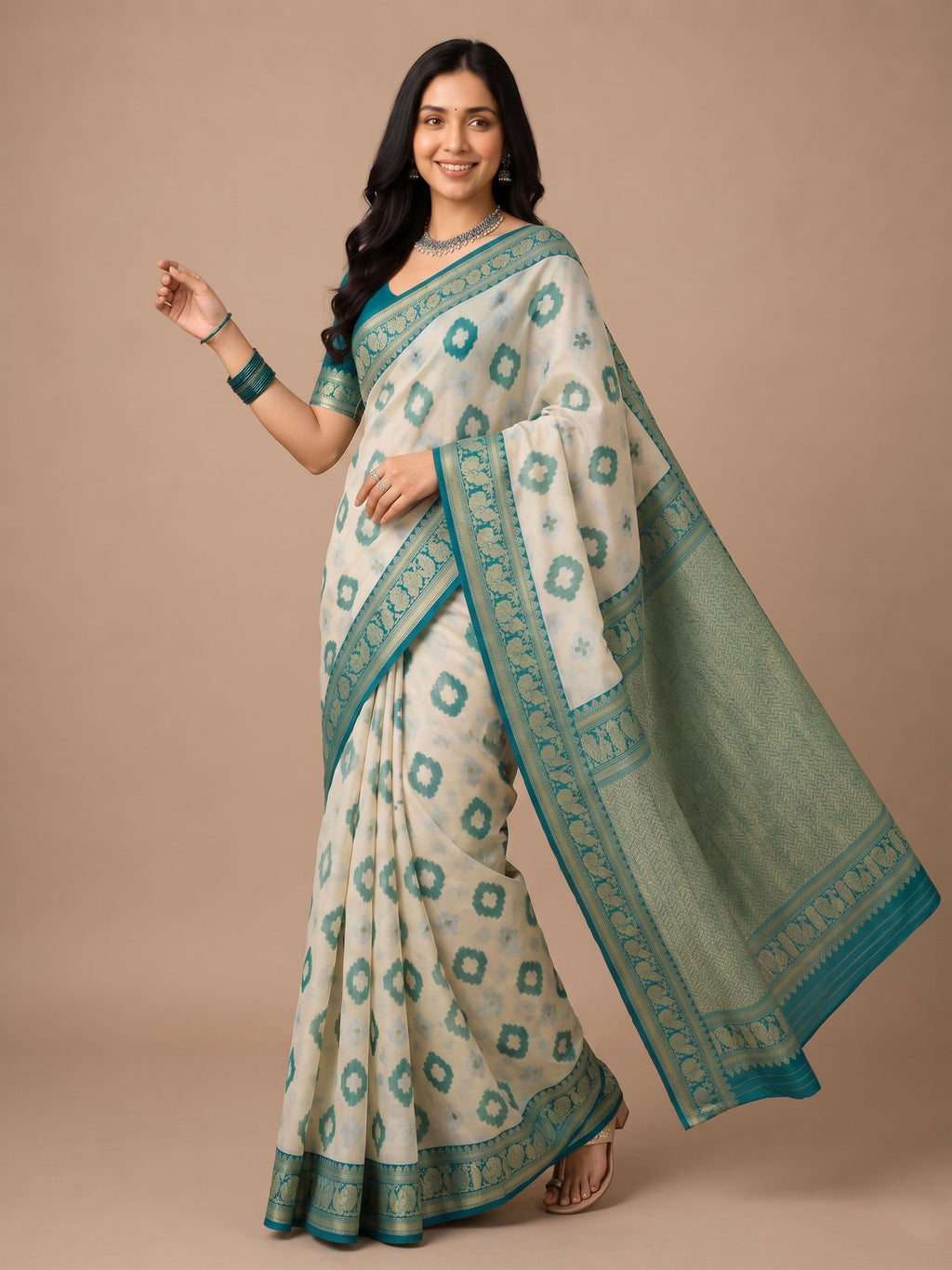 Soft Linen Cotton Saree with Golden Zari Border