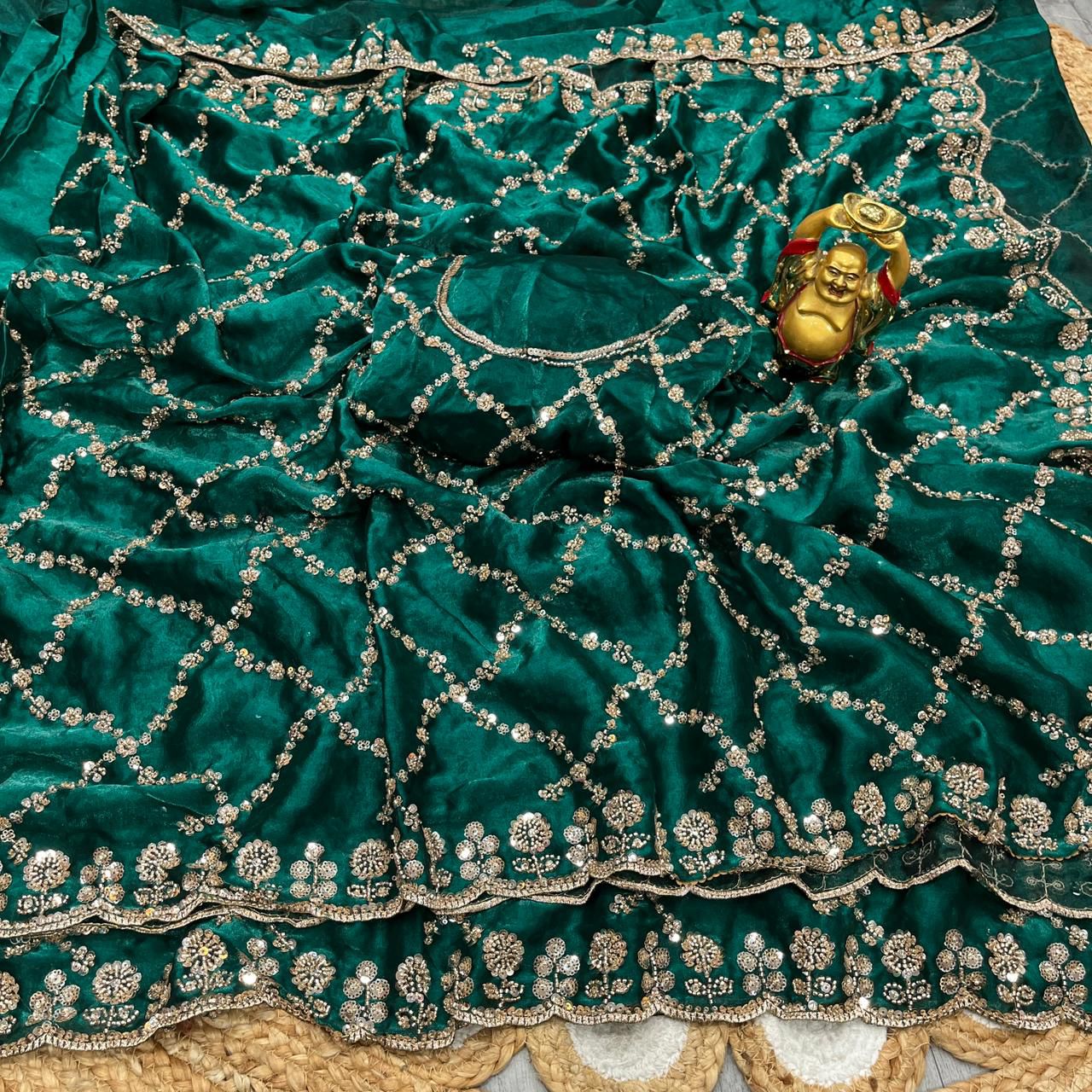 Fandy Satin Silk Saree with Rose Gold Beads Work