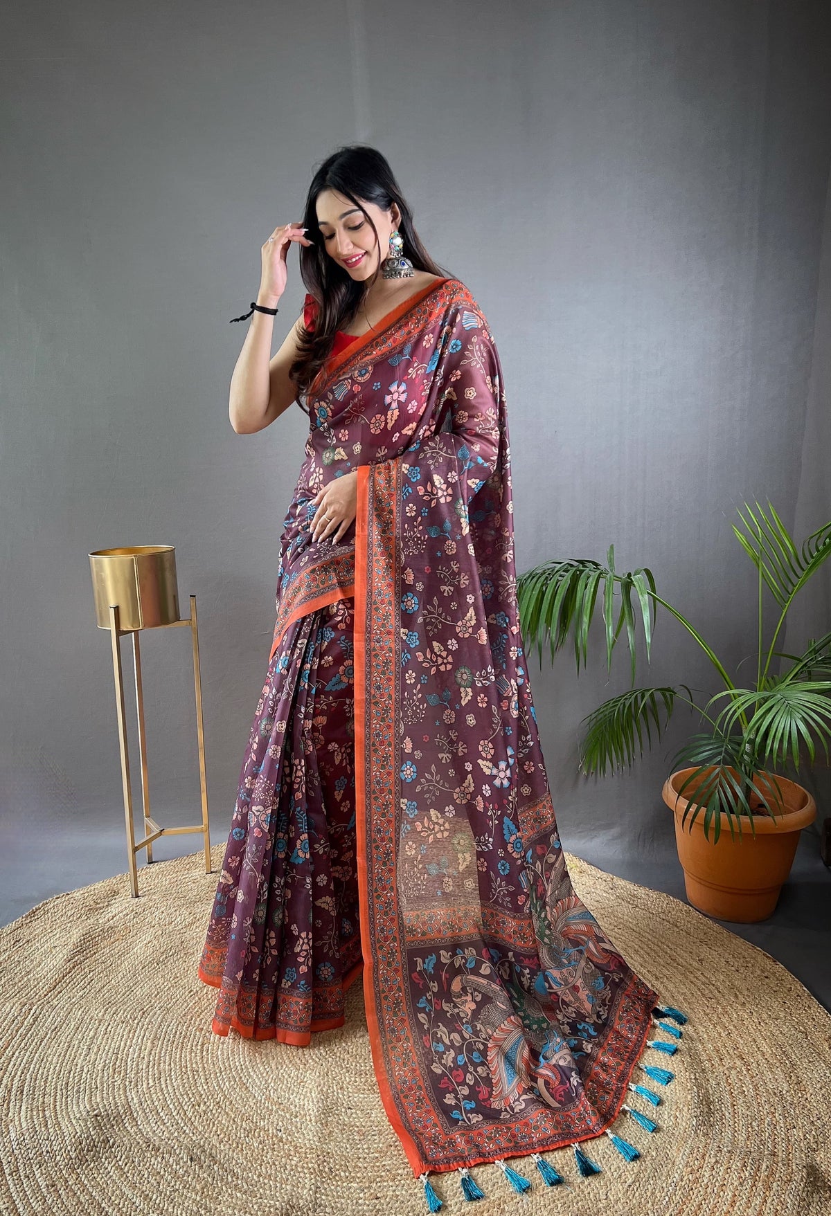 Preferable Cotton Kalamkari Prints Purple Color Saree