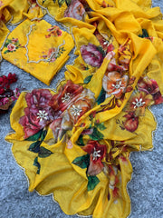 Wonderful Flower Print Yellow Color Saree