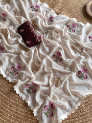 Designer Embroidery Work White Color Saree