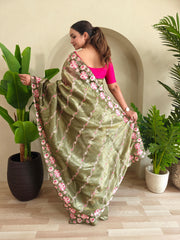 Awesome Embroidery Work Mehndi Color Saree