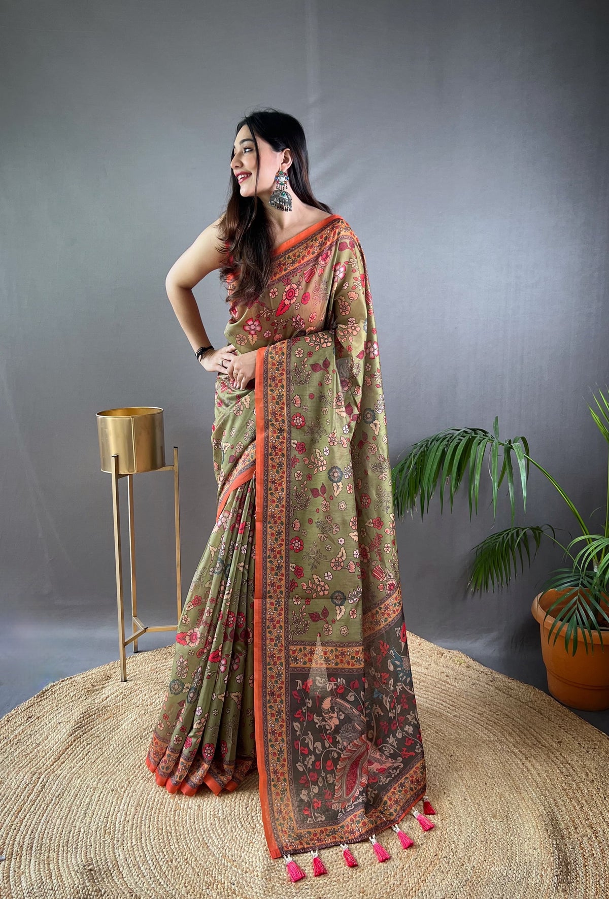 Preferable Cotton Kalamkari Prints Mehndi Color Saree