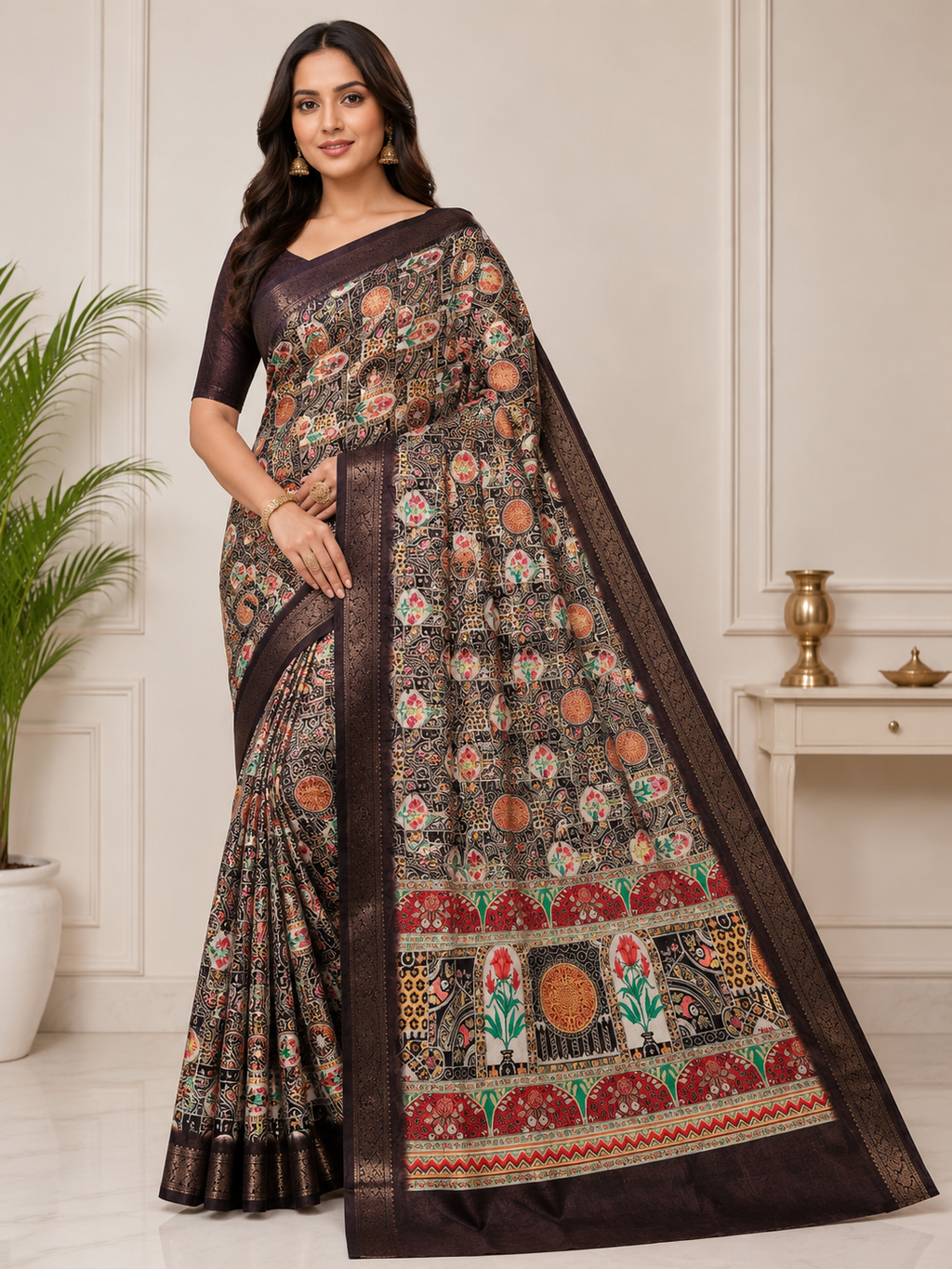 Kalamkari Silk Blend Saree with Zari Border