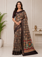 Kalamkari Silk Blend Saree with Zari Border