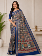 Kalamkari Silk Blend Saree with Zari Border