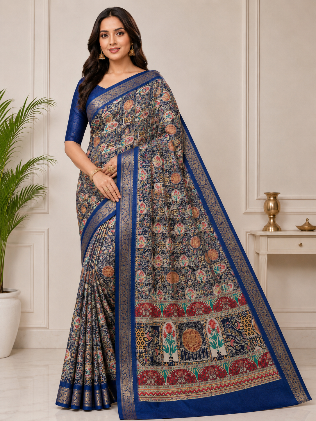 Kalamkari Silk Blend Saree with Zari Border