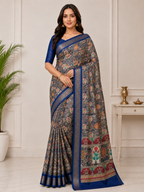 Kalamkari Silk Blend Saree with Zari Border
