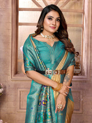 Outstanding Banarasi Tissue Silk Golden And Teal Blue Color Saree