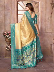 Outstanding Banarasi Tissue Silk Golden And Teal Blue Color Saree