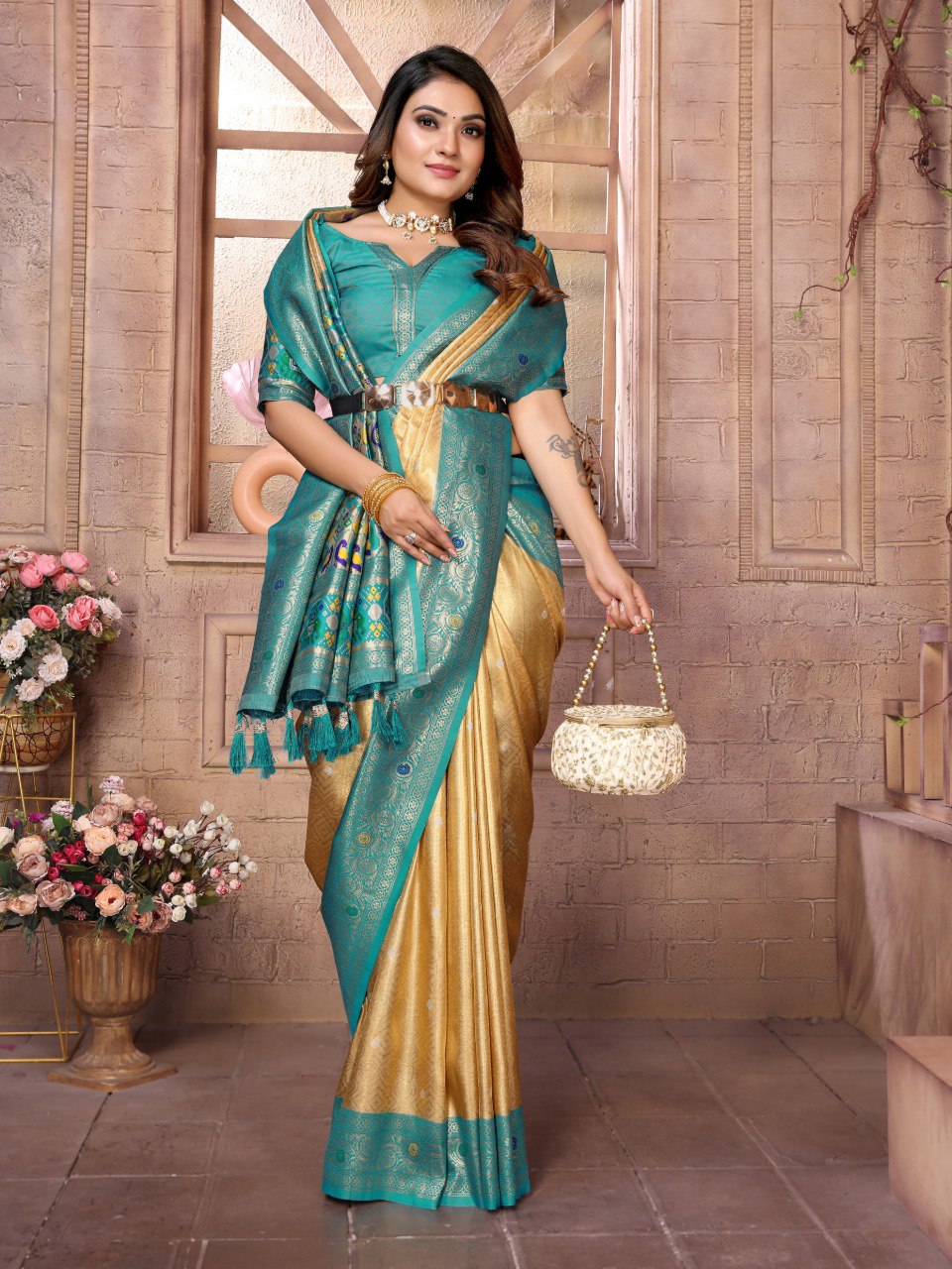 Outstanding Banarasi Tissue Silk Golden And Teal Blue Color Saree