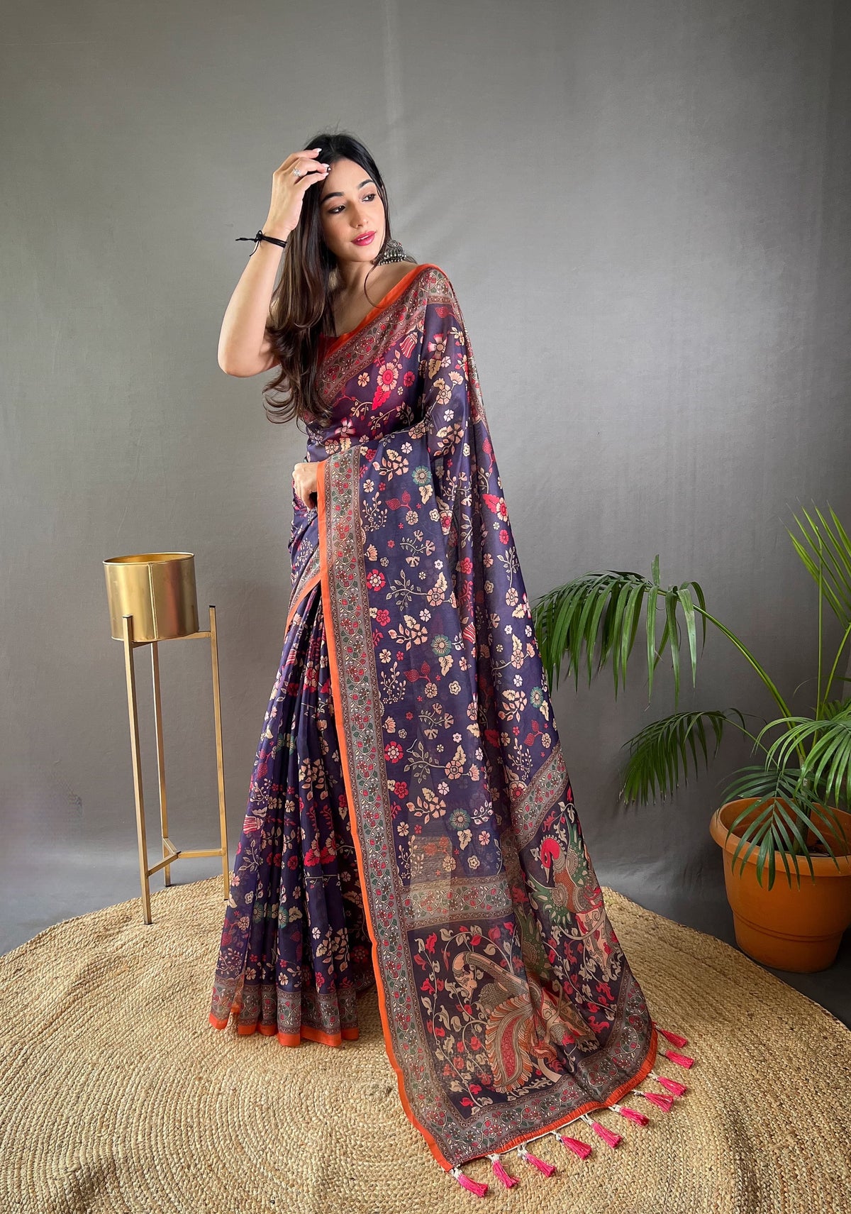 Preferable Cotton Kalamkari Prints Blue Color Saree