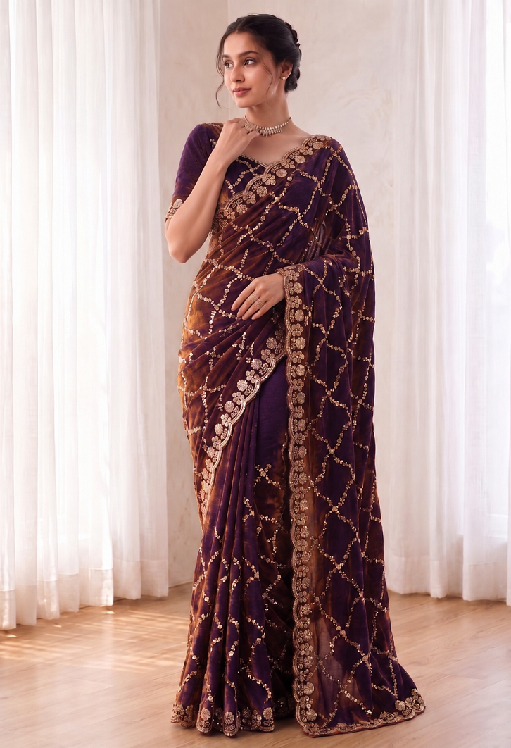 Fandy Satin Silk Saree with Rose Gold Beads Work
