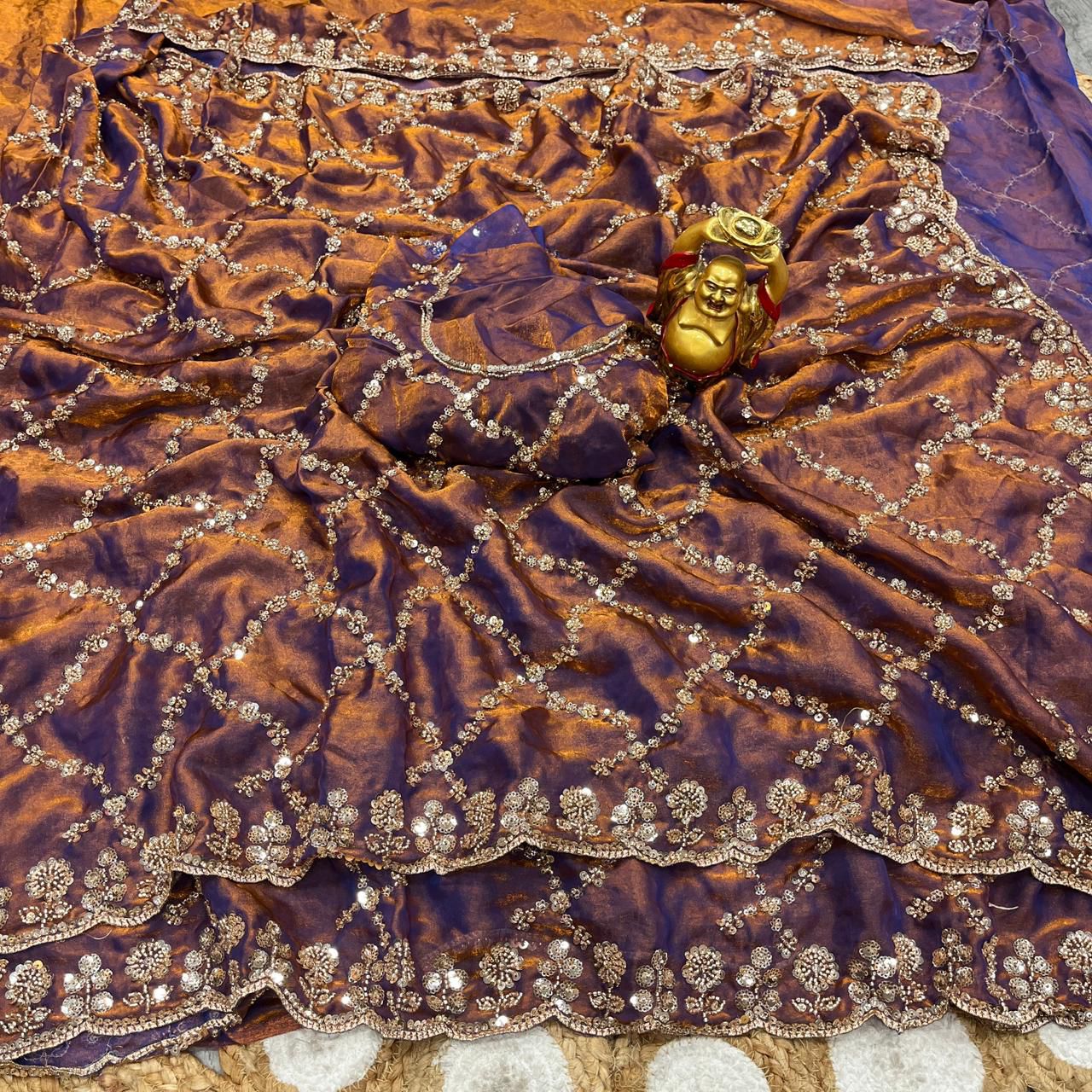 Fandy Satin Silk Saree with Rose Gold Beads Work
