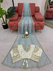 Marriage Special Twill Net Sky Blue Color Saree