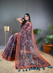 Preferable Cotton Kalamkari Prints Purple Color Saree