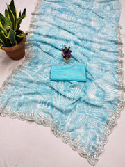 Elegant Sky Blue Color Digital Prints Saree