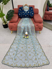 Wedding Wear Sky Blue Color Sequence work Saree