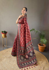 Classic Digital Print Silk Red Color Saree