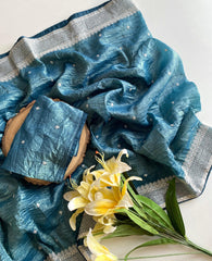 Marvelous Embroidered Pallu Sky Blue Color Saree