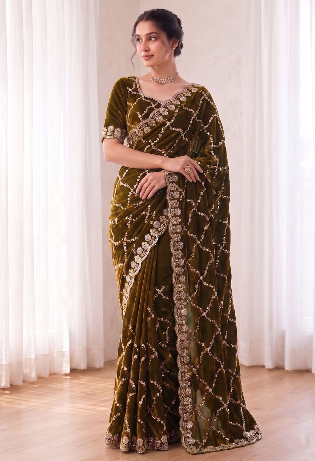Fandy Satin Silk Saree with Rose Gold Beads Work