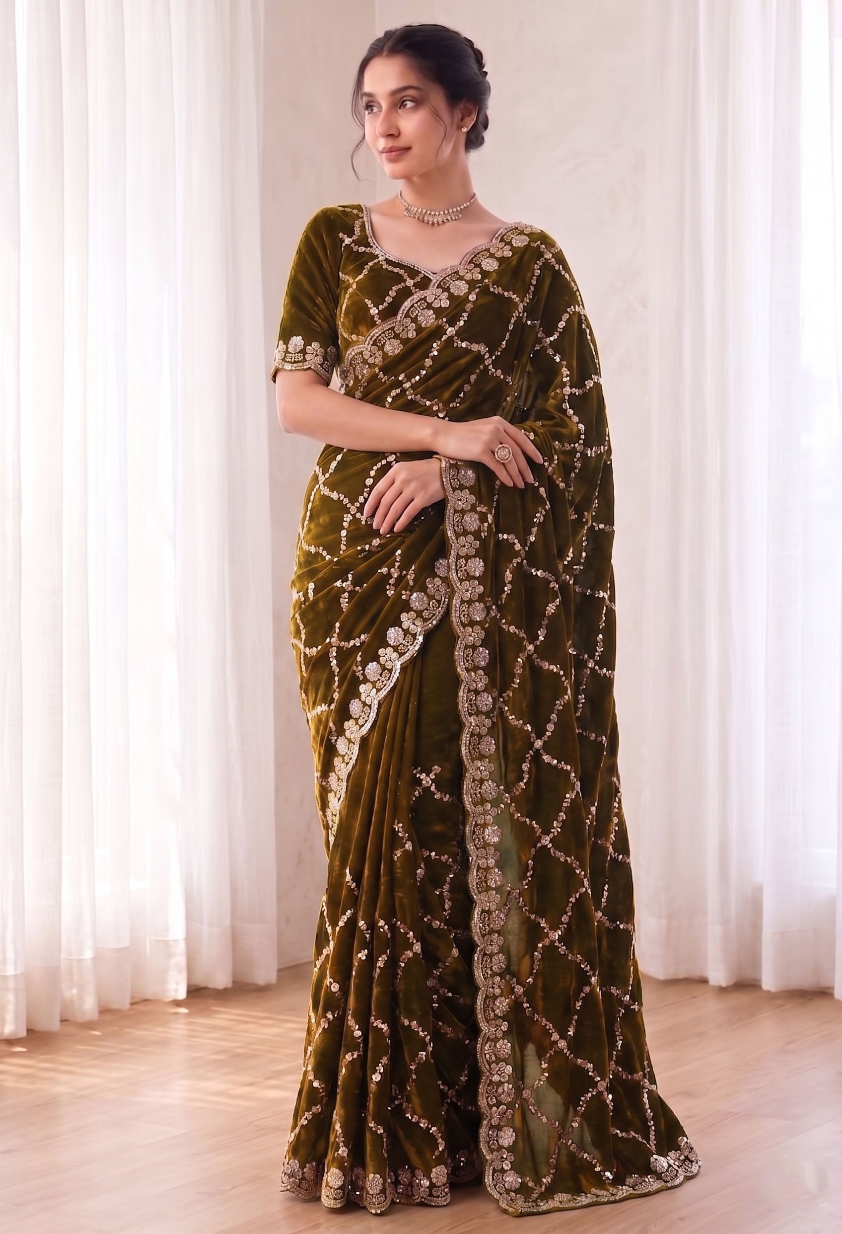 Fandy Satin Silk Saree with Rose Gold Beads Work