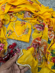 Wonderful Flower Print Yellow Color Saree