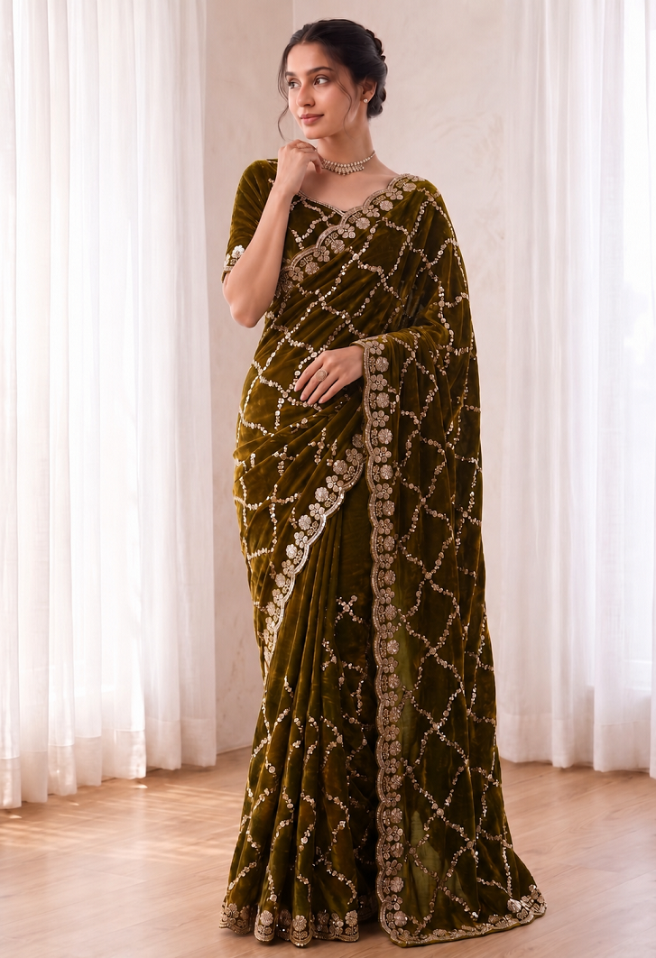 Fandy Satin Silk Saree with Rose Gold Beads Work