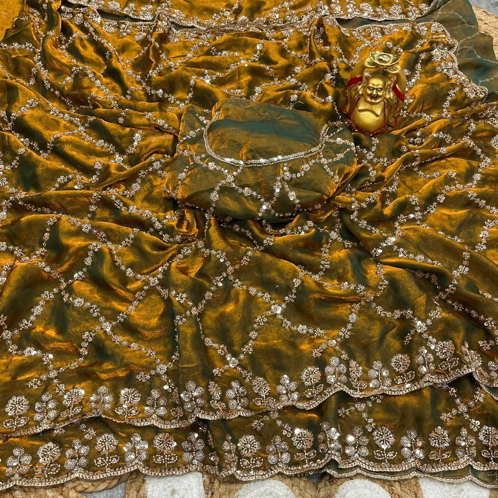 Fandy Satin Silk Saree with Rose Gold Beads Work