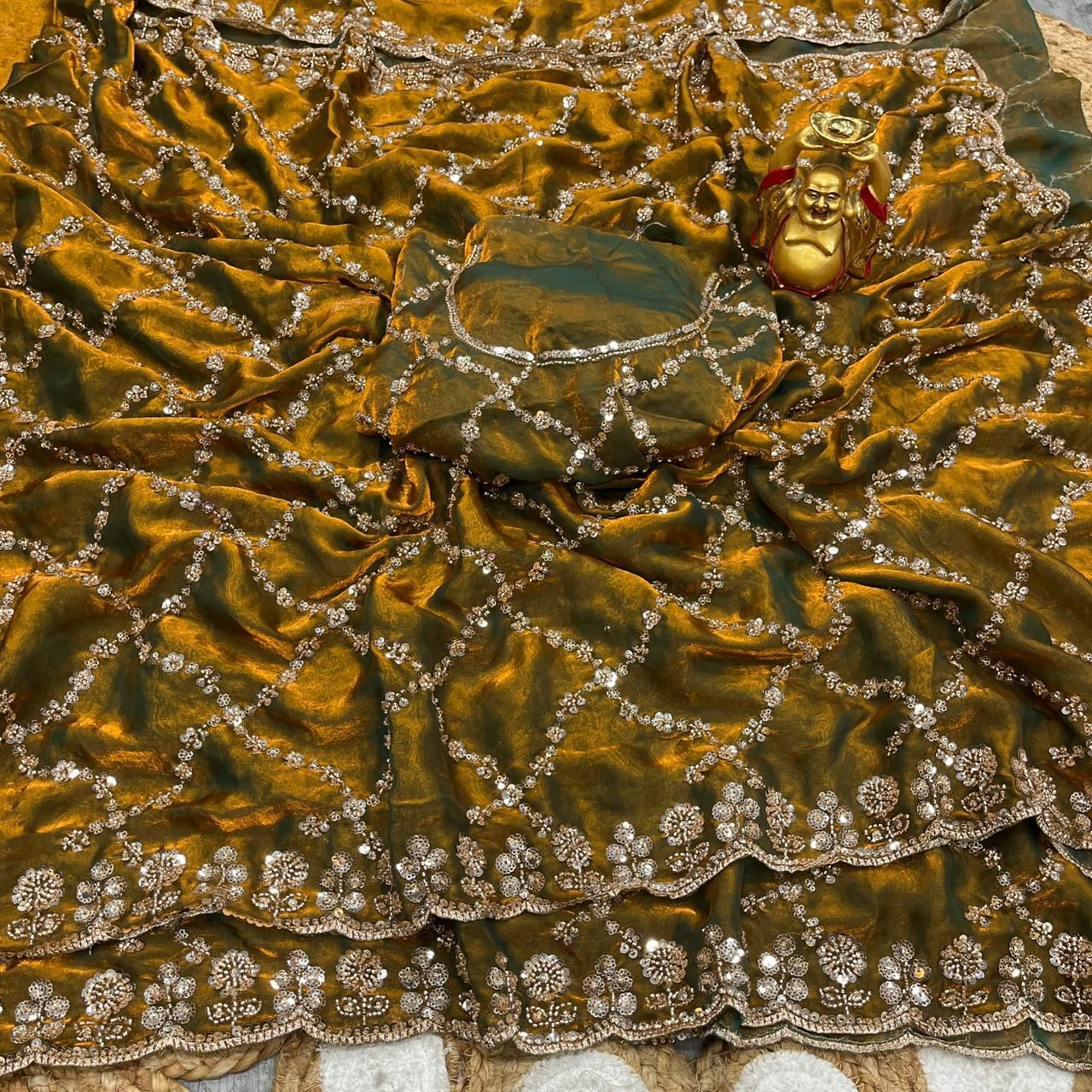 Fandy Satin Silk Saree with Rose Gold Beads Work
