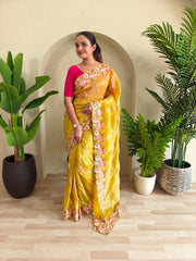 Awesome Embroidery Work Yellow Color Saree