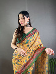 Preferable Cotton Kalamkari Prints Yellow Color Saree