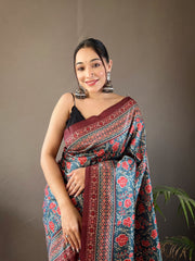 Classic Digital Print Silk Teal Blue Color Saree