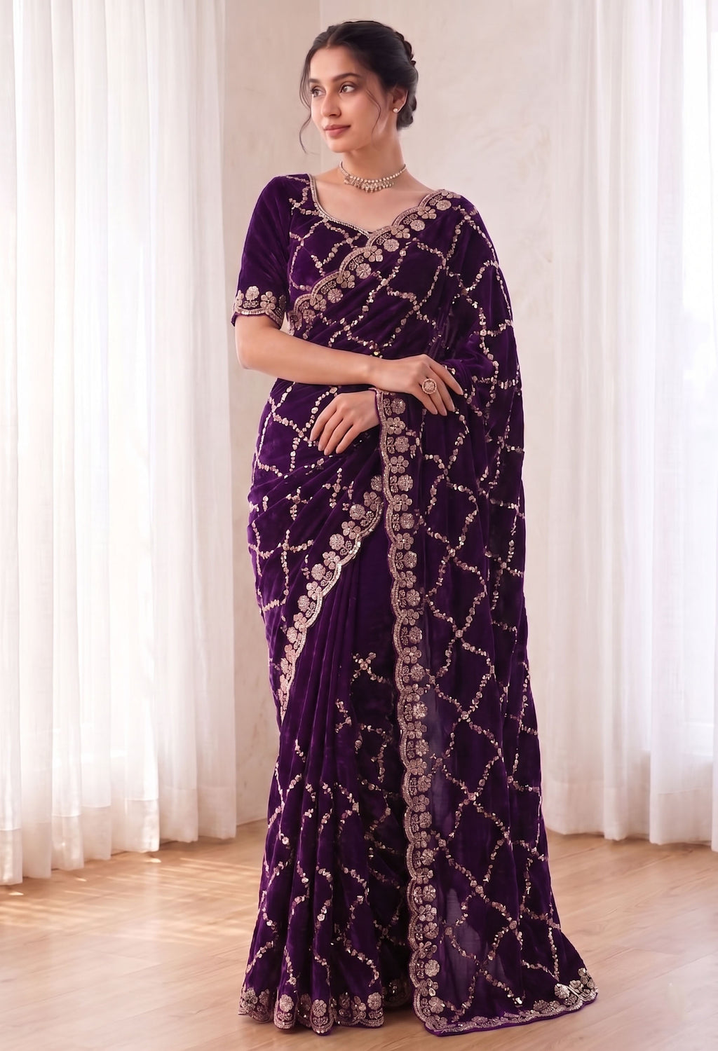 Fandy Satin Silk Saree with Rose Gold Beads Work
